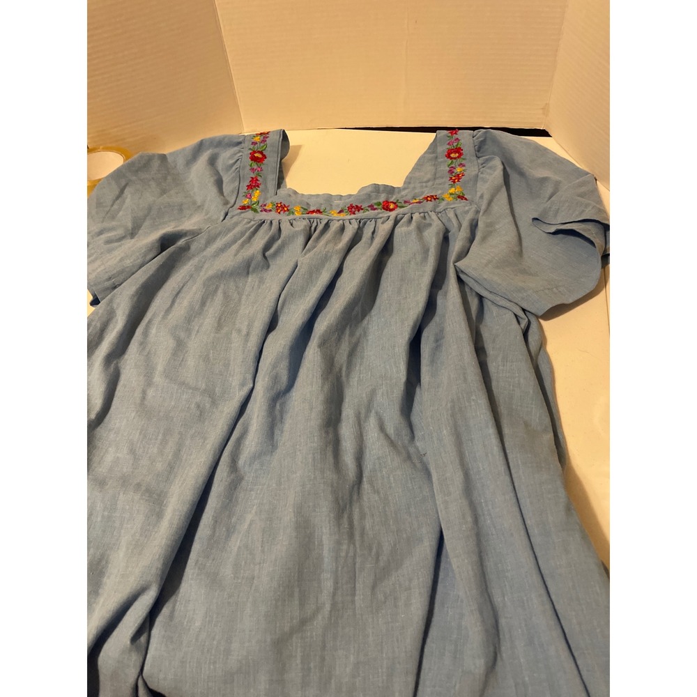 Vintage Style Blue Chambray Floral Embroidered Square Neck Peasant Dress Pockets